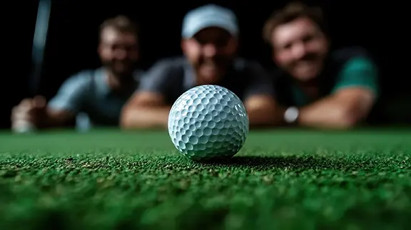 A golf ball on a putting green, with three men smiling in the background